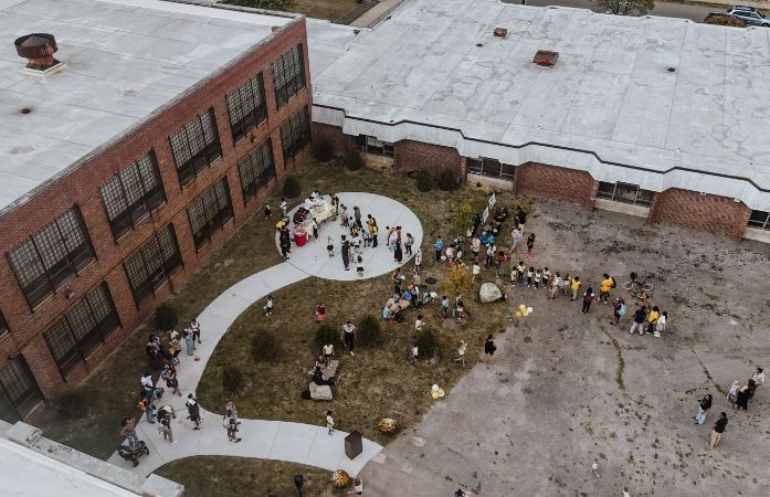  drone shot of phase I of green school yard